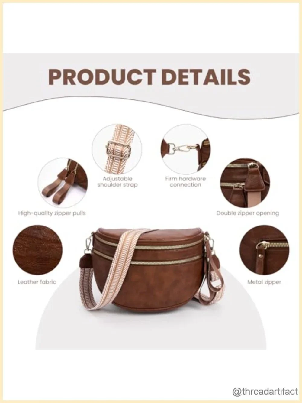 PU Leather Crossbody Fanny Pack Double Zip Multi Compartment with 2 Adjustable